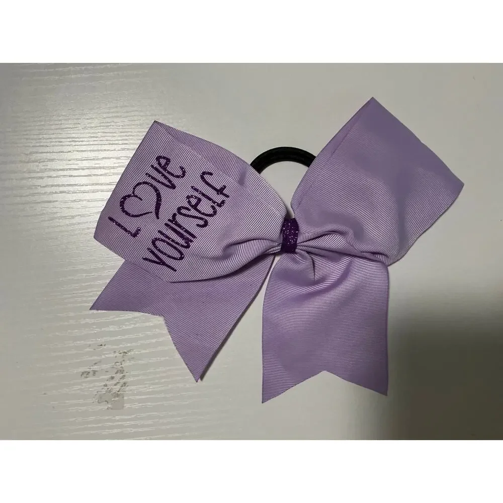 Love Yourself Lilac Lavender Purple Hair Tie Cheer Dance Gymsastics Bow